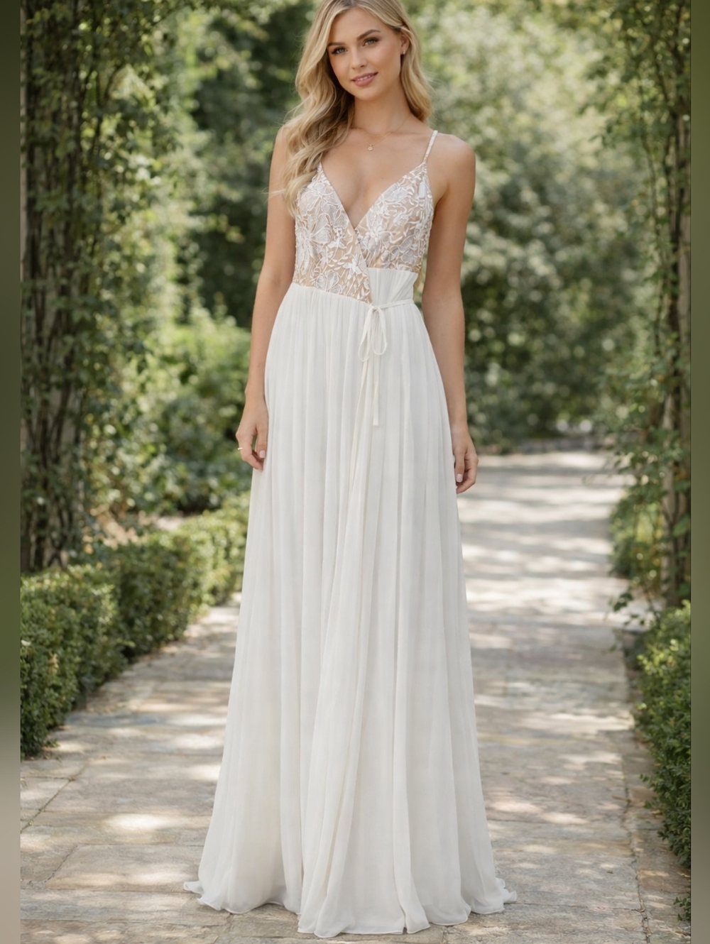 Soieblu White and Nude Lace Bodice Prom Dress